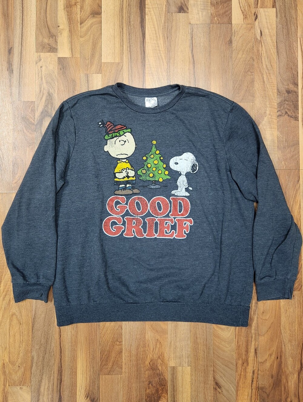 Peanuts Sweatshirt Mens 2XL Charcoal Grey Good Grief Charlie Brown Snoopy Xmas